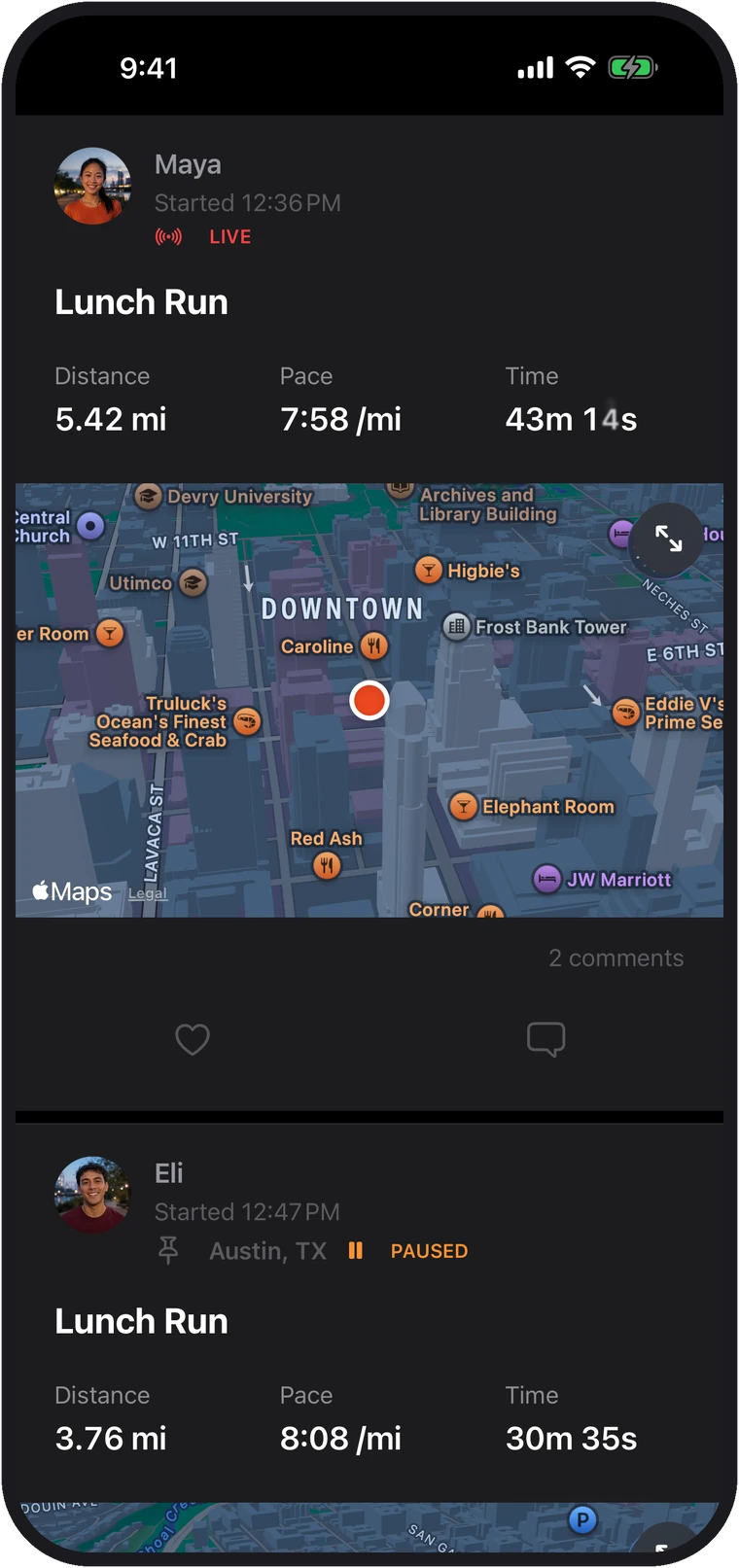 RunPal live feed showing crew members currently running