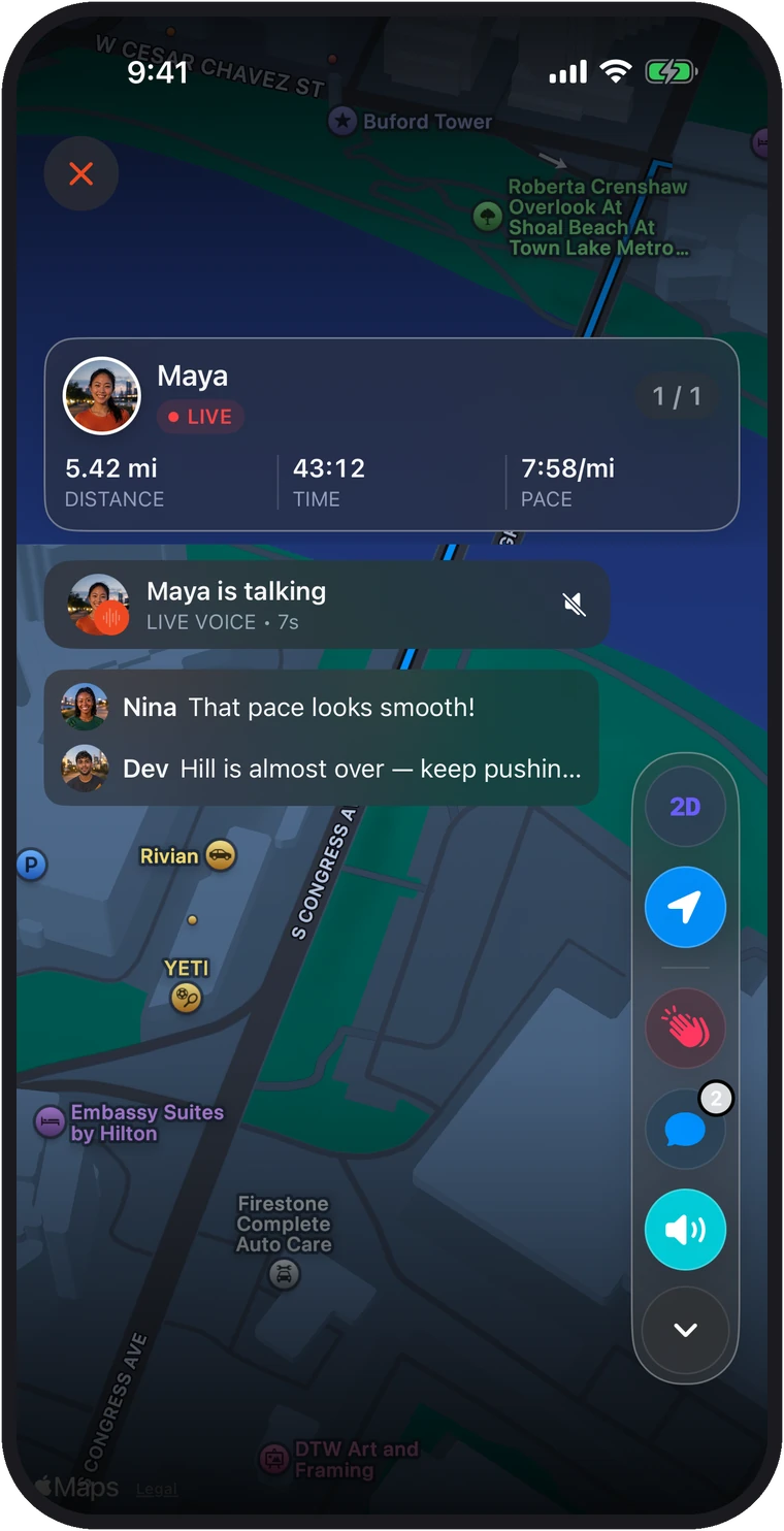 RunPal live run viewer showing a runner's route, distance, time and pace