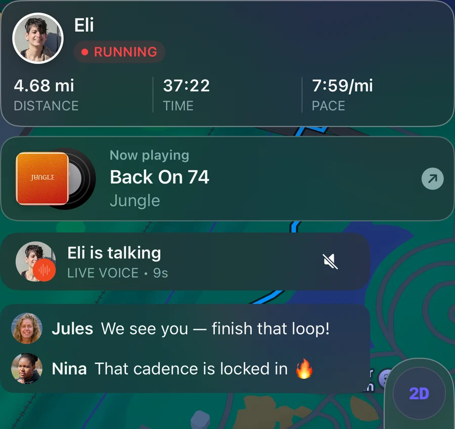 A friend's live run in RunPal: distance, time and pace, the song playing, a voice message and comments from friends