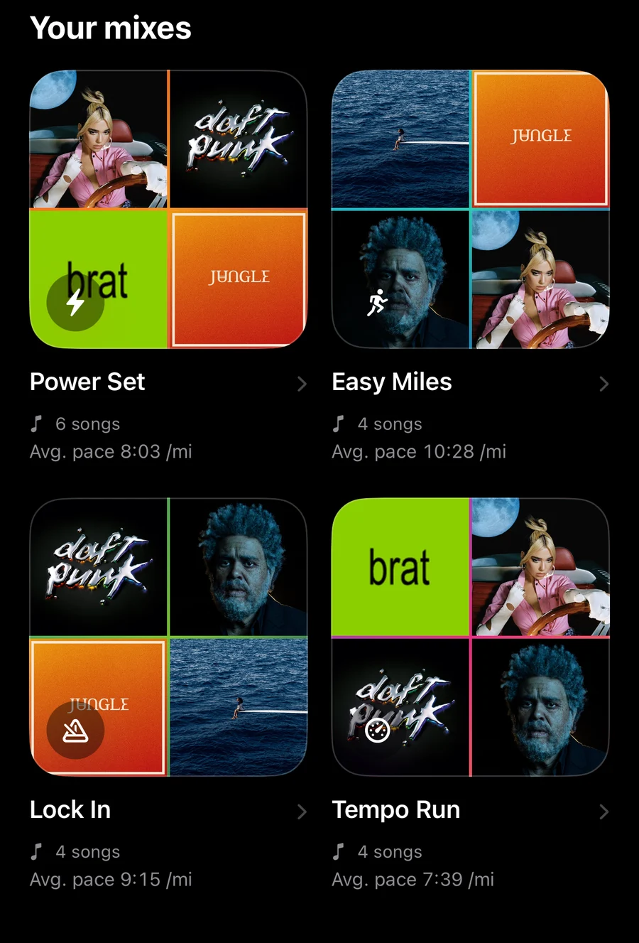 Your mixes: four run mixes, each with its song count and average pace