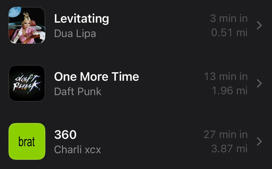 Songs heard during a run, each with the minute and mile it played