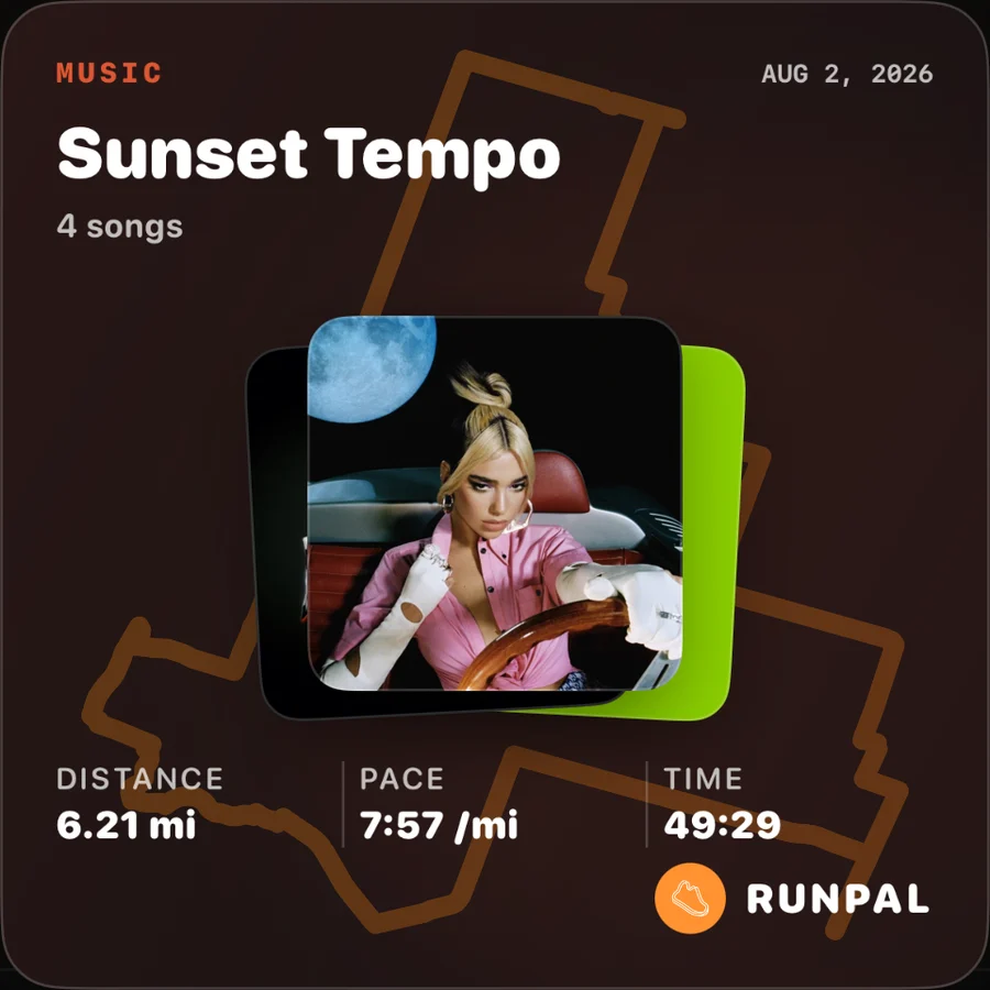 A RunPal music share card: the Sunset Tempo mix over the run's route, with distance, pace and time